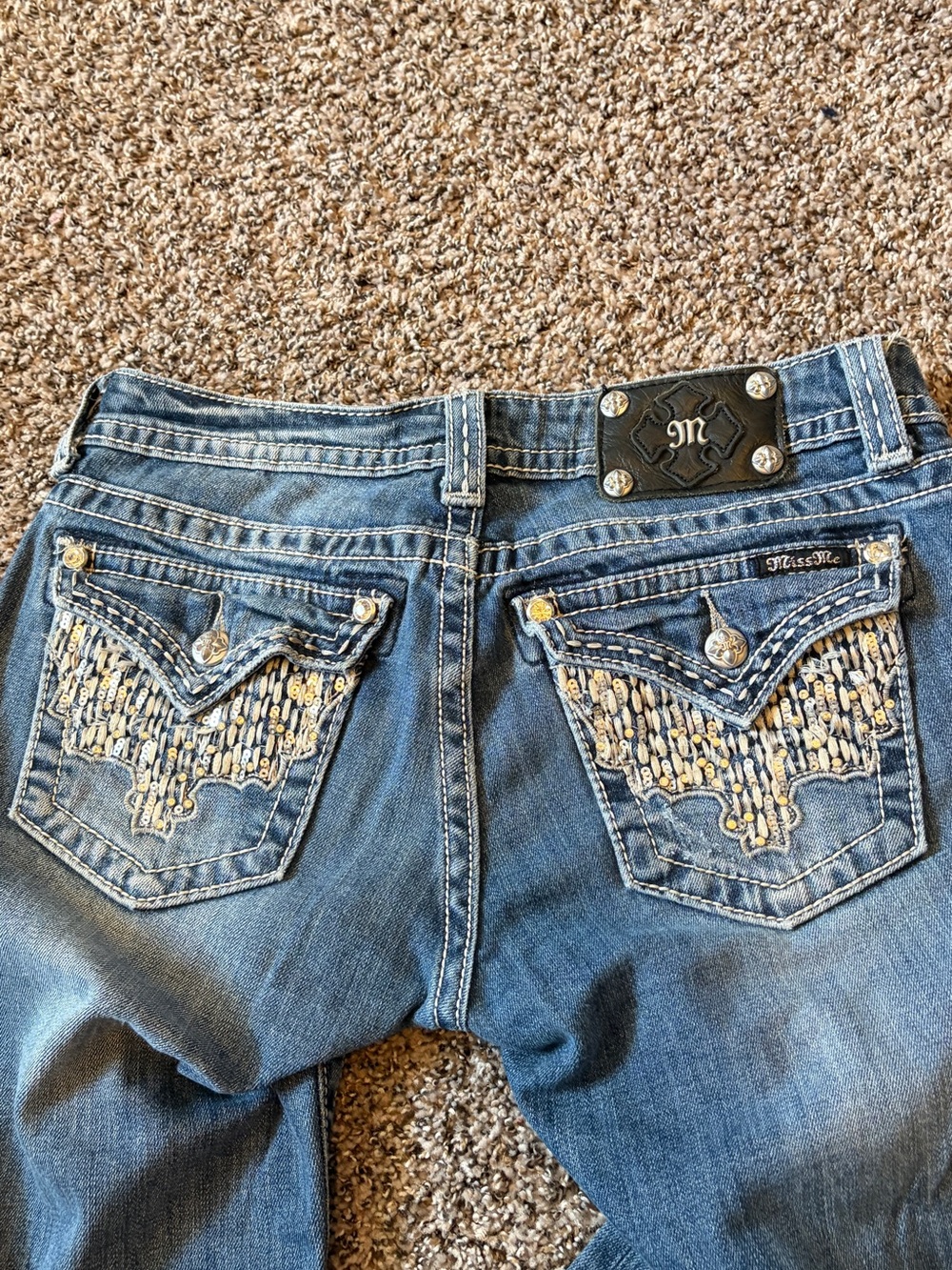 Miss Me Blue Denim Jeans with Gold-Tone Embellished Back Pockets